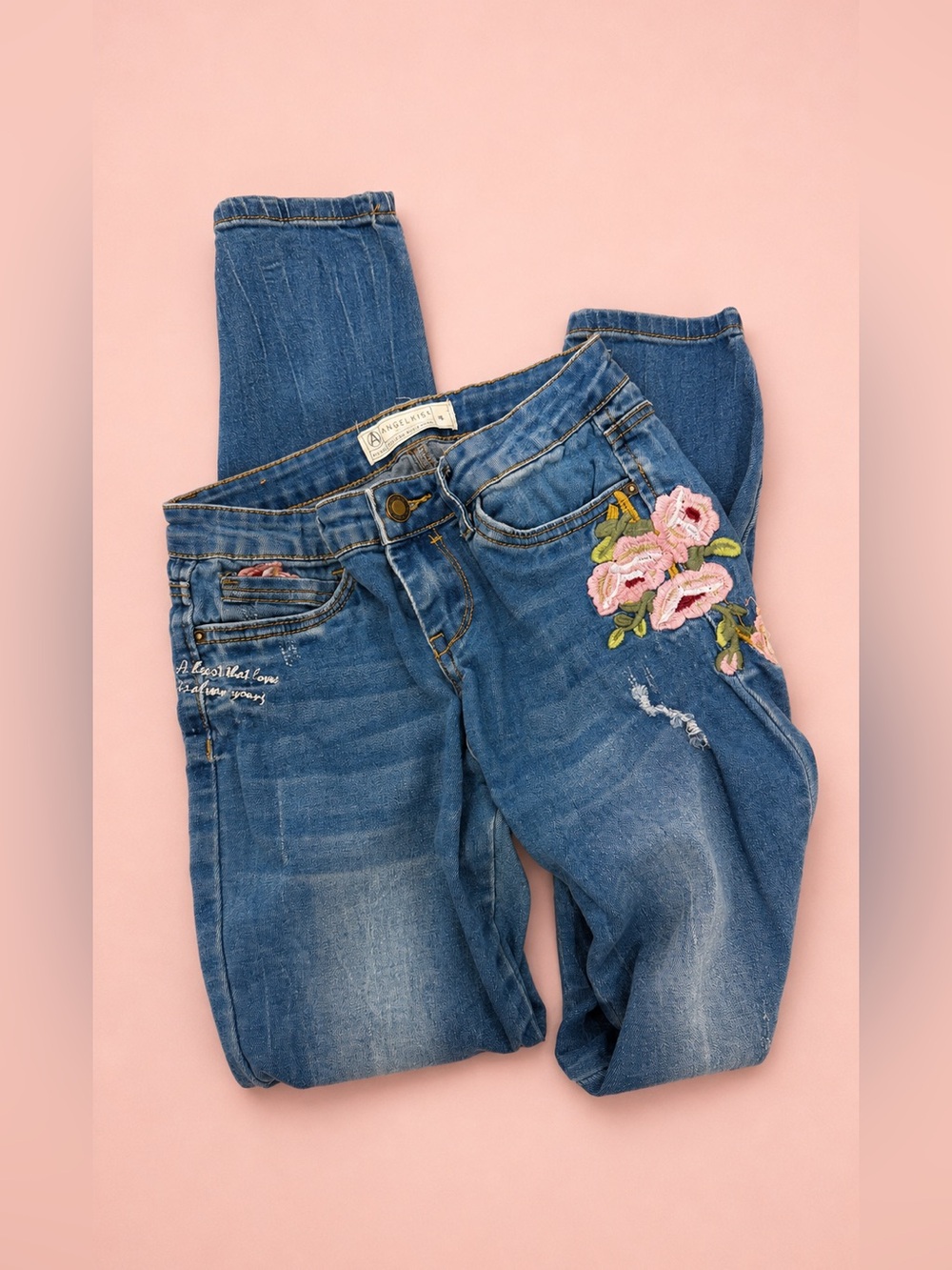 Angel Kiss Blue Skinny Jeans with Pink Rose Embroidery
